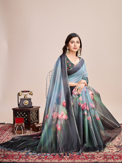 Gray Soft Linen Cotton Saree With Floral Printed Work