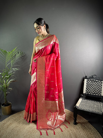 Rani Pink Soft Banarasi Silk Saree With Zari Weaving Work