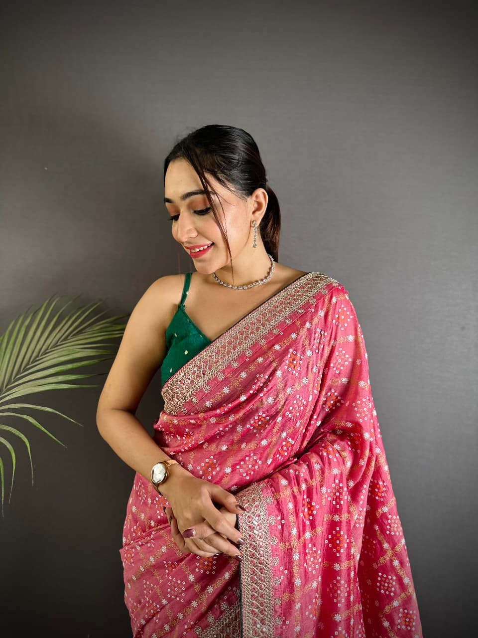 Baby Pink Traditional Blooming Vichitra Khadi Bandhej Silk Saree With Sequence Work