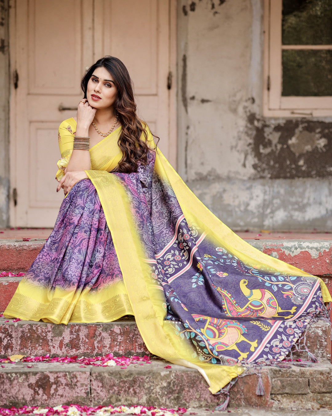 Magenta Kalamkari Digital Printed Dola Silk Saree With Gold Zari Border