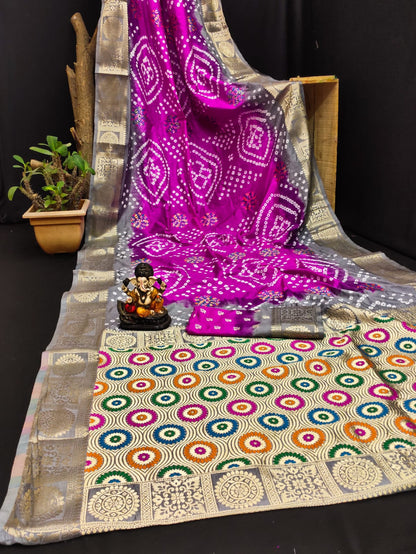 Multi Color Soft Bandhej Silk Saree With Zari Weaving Work