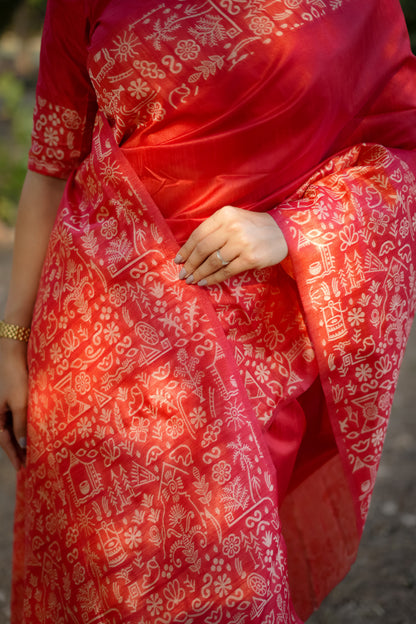 Red Handloom Raw Silk Saree With Contrast Weaving Work