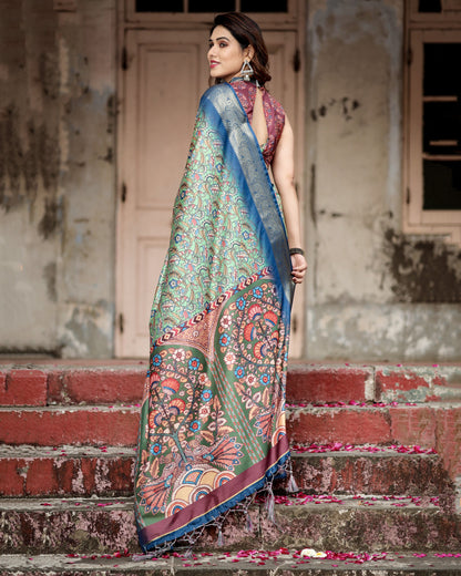 Pista Green Kalamkari Digital Printed Dola Silk Saree With Gold Zari Border