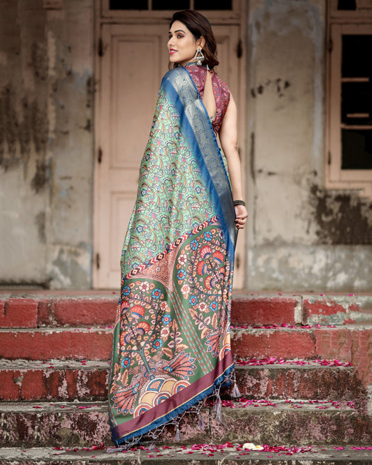 Pista Green Kalamkari Digital Printed Dola Silk Saree With Gold Zari Border