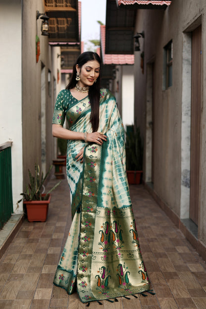 Green Color Dola Silk Saree With Shibori Print & Zari Weaving Work