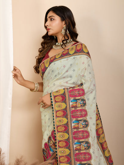 Pista Green Fancy Muslin Cotton Saree With Digital Printed Work