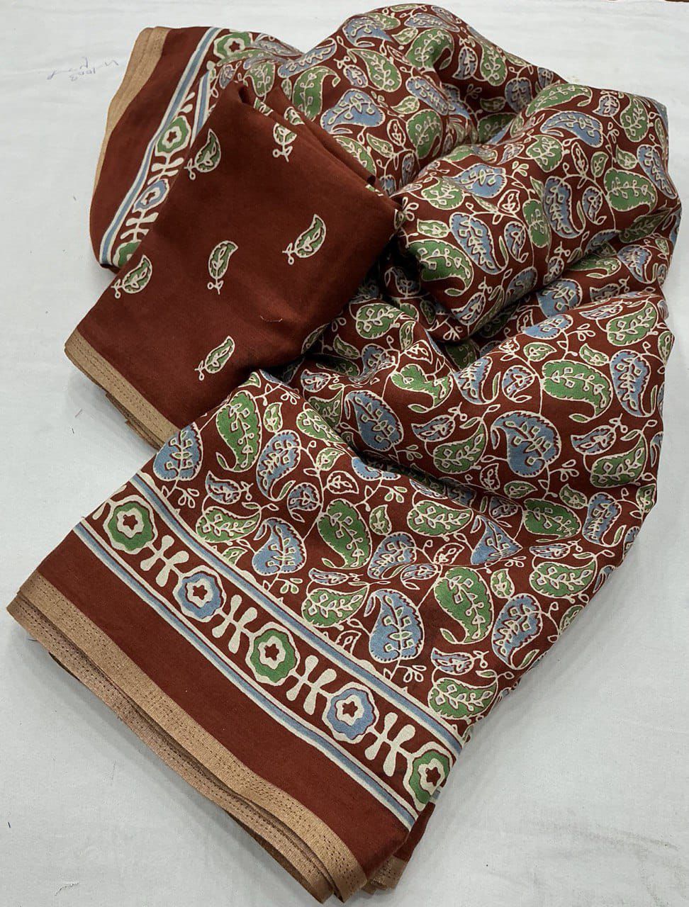 Brown Ajrakh Printed Soft Cotton Saree