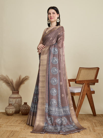 Coffee Soft Cotton Saree With Kalamkari Digital Printed Pallu & Zari Border