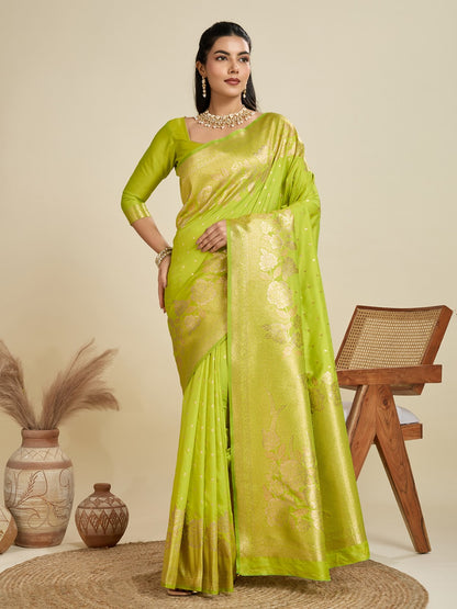 Parrot Green Kanjivaram Silk Saree With Zari Weaving Border & Designer Rich Pallu
