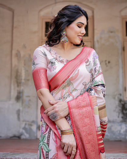Multi Digital Kalamkari Printed Tussar Silk Saree With Zari Motif Border