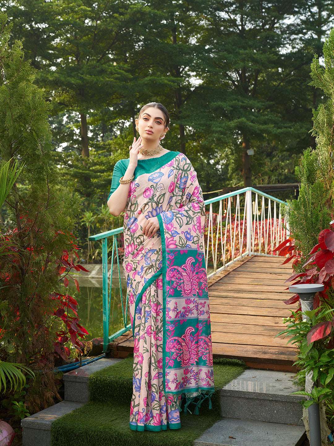Green Kalamkari Printed Designer Tussar Silk Saree