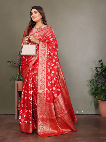 Red Premium Bandhej Silk Saree With Zari Weaving Work