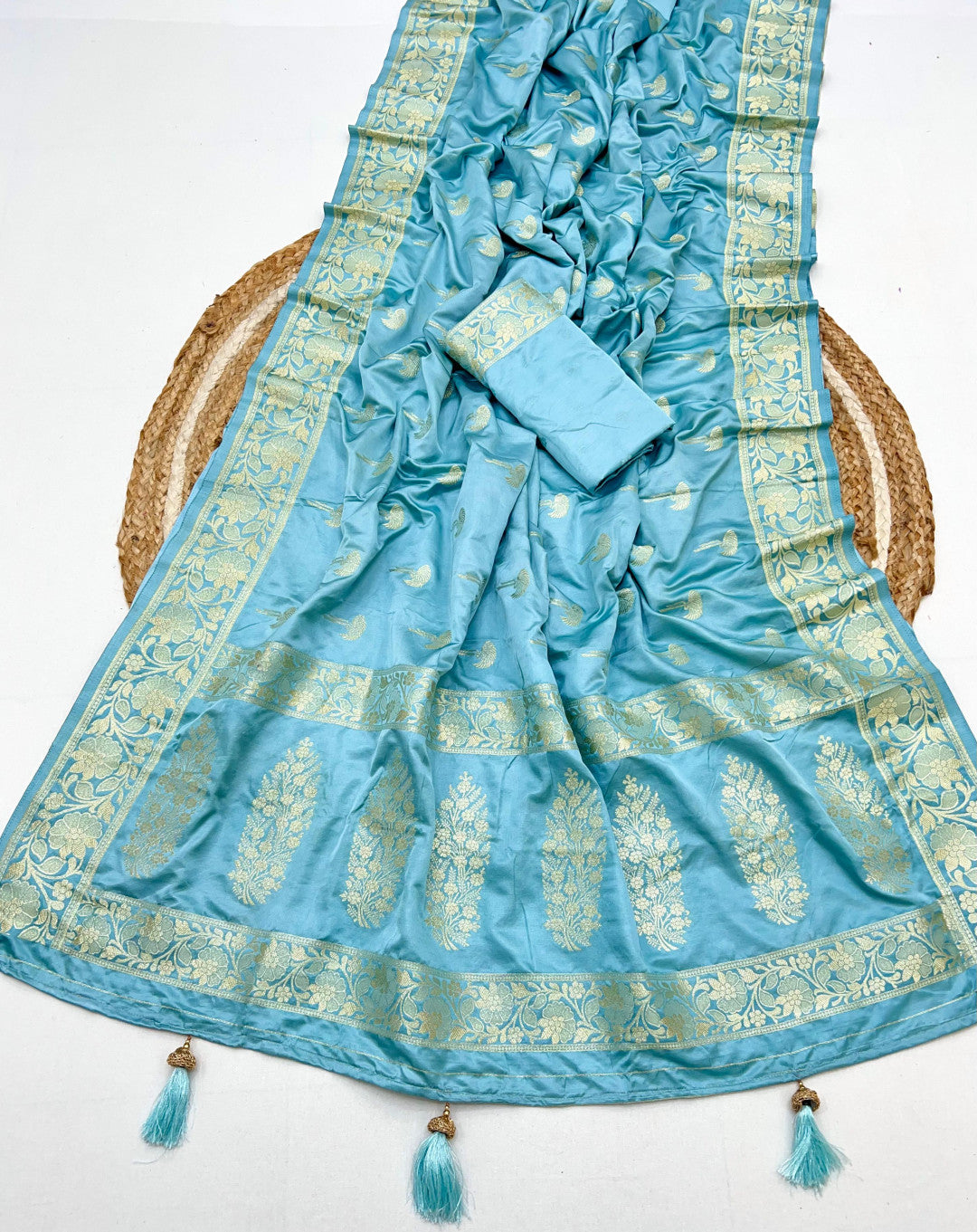 Sky Blue Color Soft Viscose Satin Silk Saree With Zari Weaving Work