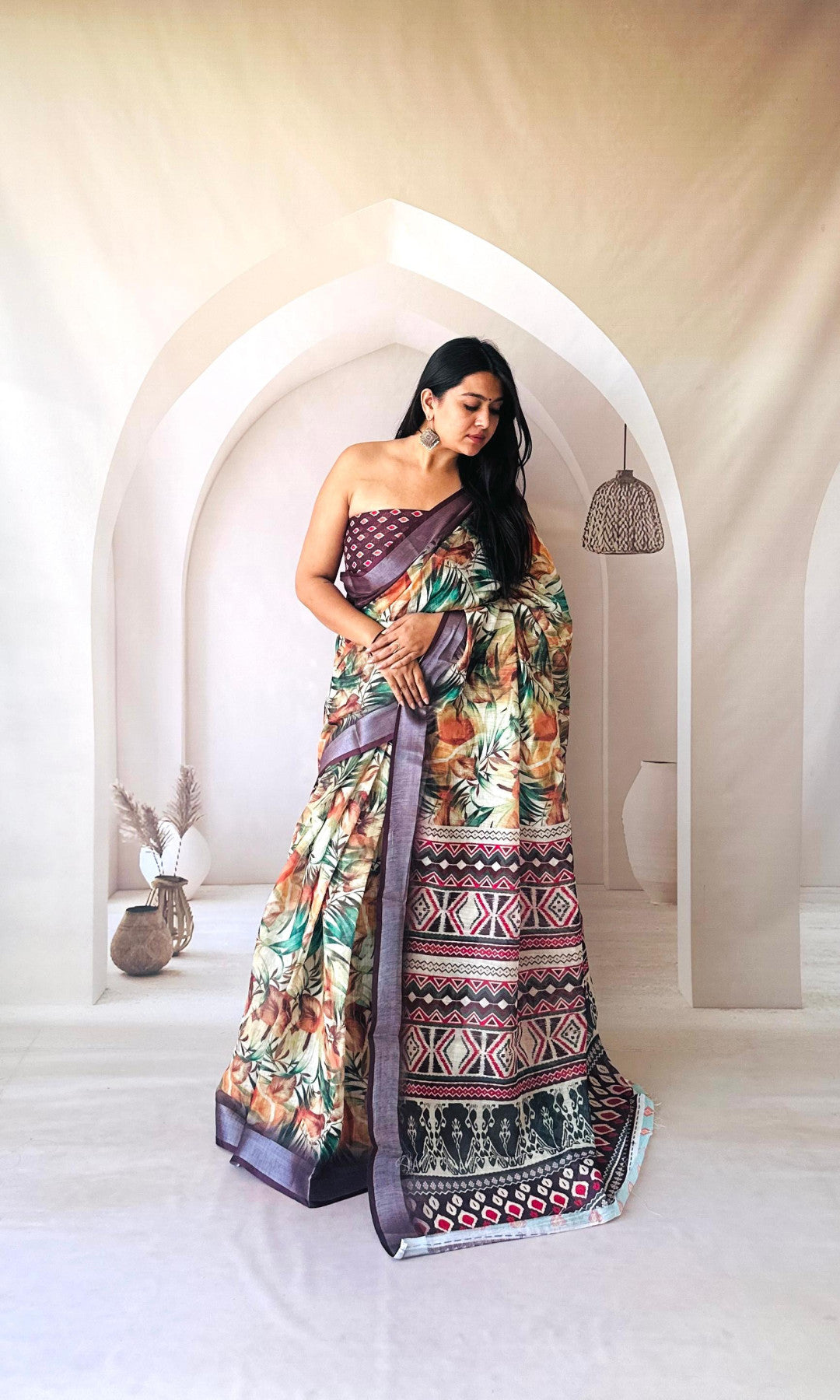 Multi Digital Printed Flowy Linen Cotton Saree
