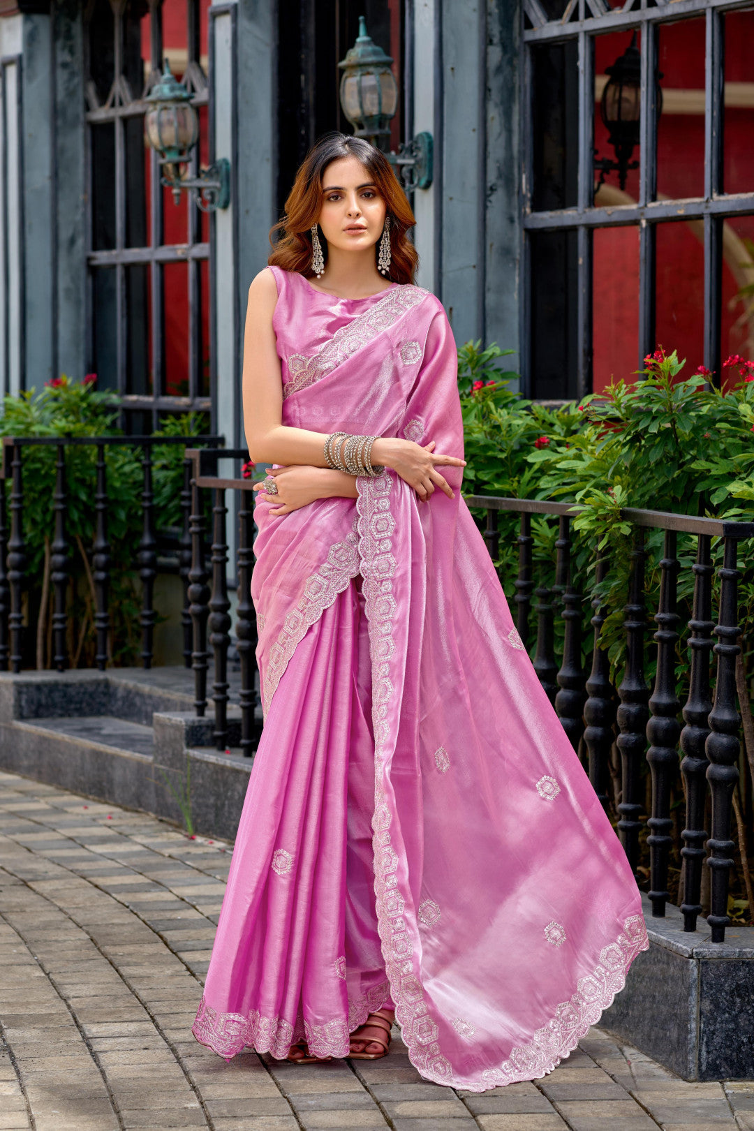 Baby Pink Fancy Shimmer Chiffon Saree With Embroidery Work