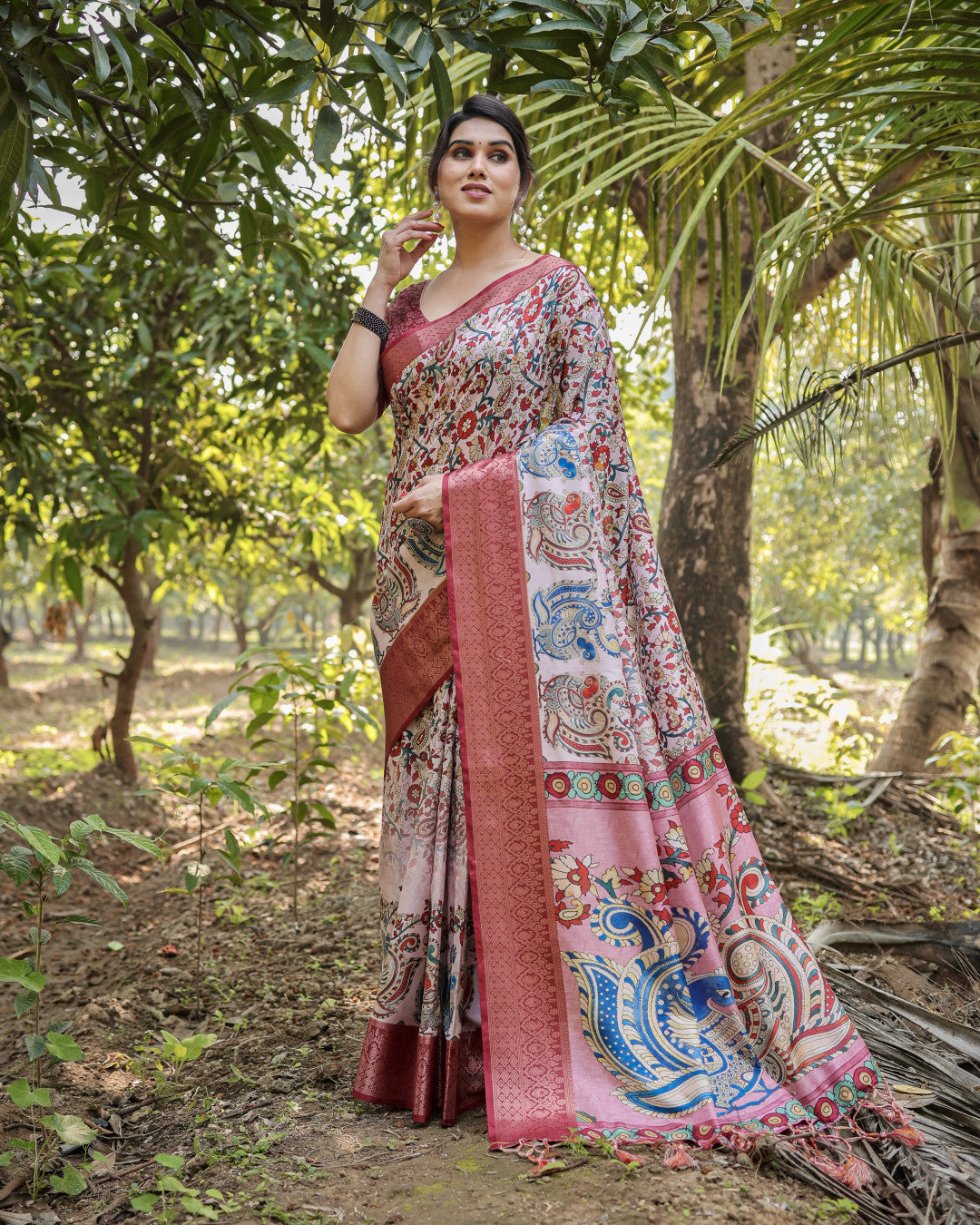 Multi Fancy Kalamkari Digital Printed Tussar Silk Saree