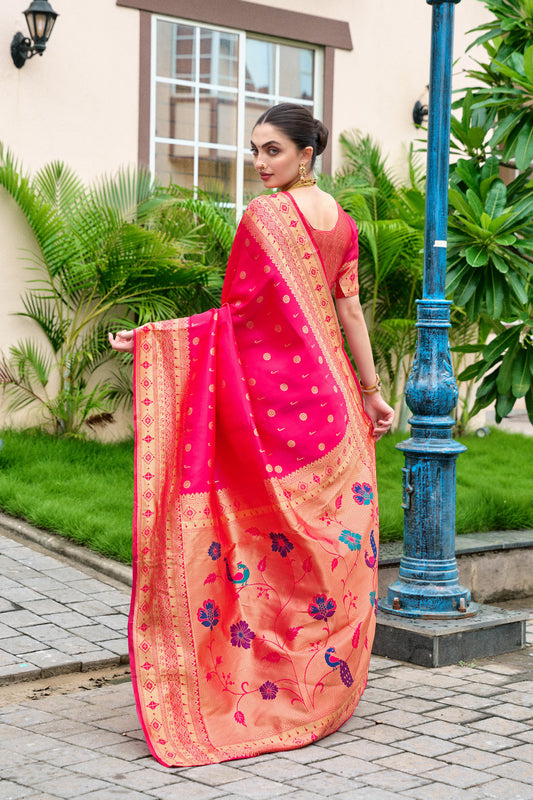 Traditional Pink Paithani Silk Saree With Zari Weaving Work