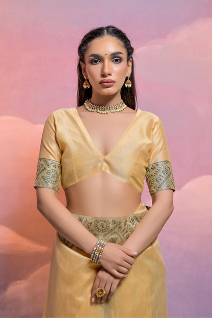 Beige Color Handloom Raw Silk Saree With Contrast Weaving Work