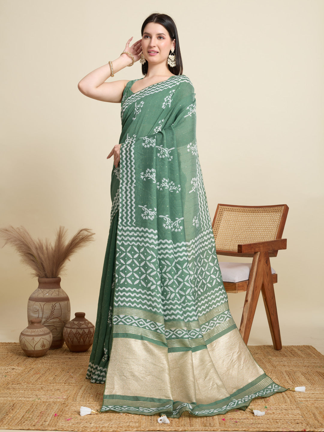 Light Green Batik Printed Soft Cotton Saree With Sequence Work