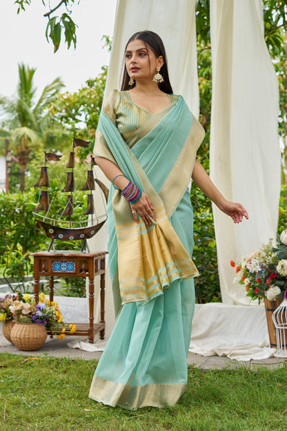 Sky Blue Color Linen Cotton Saree With Zari Weaving Border
