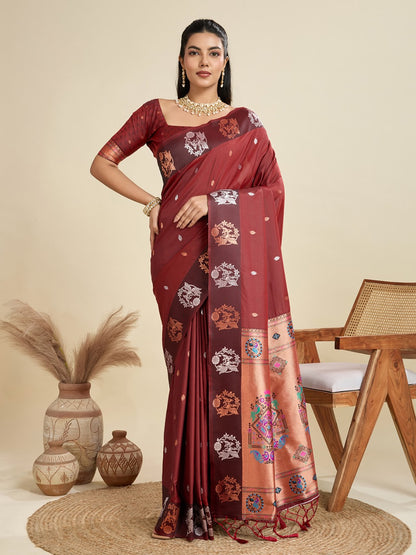 Maroon Kanjivaram Silk Saree With Zari Weaving Butta Border & Designer Rich Paithani Pallu