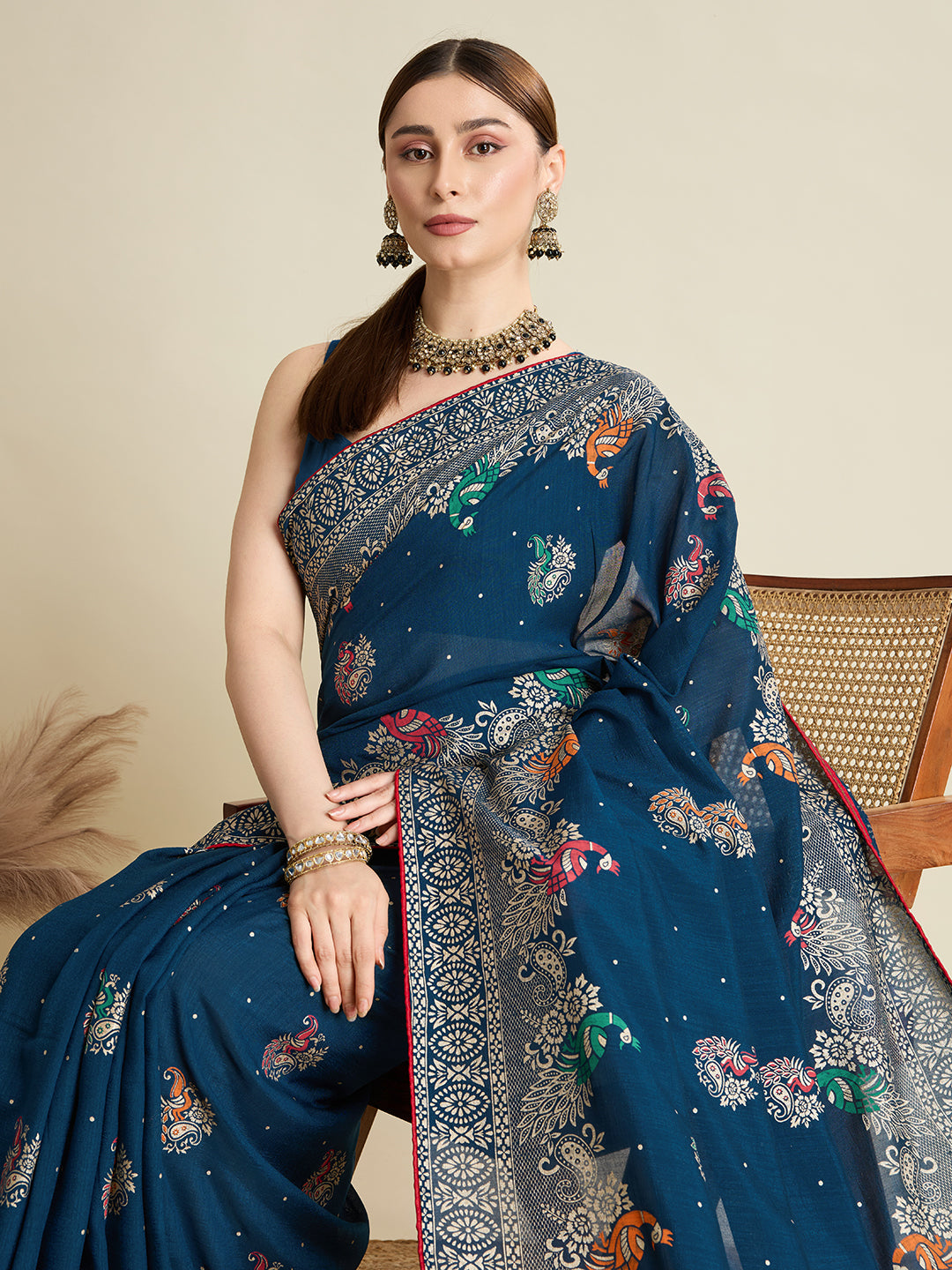 Navy Blue Cotton Saree With Table Printed And Foil Work With Pipeing Border