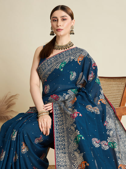 Navy Blue Cotton Saree With Table Printed And Foil Work With Pipeing Border