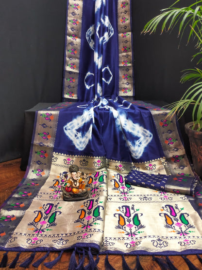 Navy Blue Color Soft Dola Silk Saree With Shibori Print & Zari Weaving Work