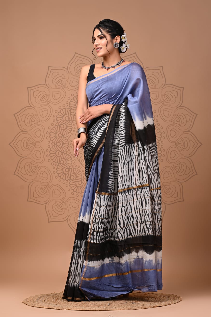 Sky Blue Colour Pure Chanderi Silk Saree With Bagru Handblock Printed Work