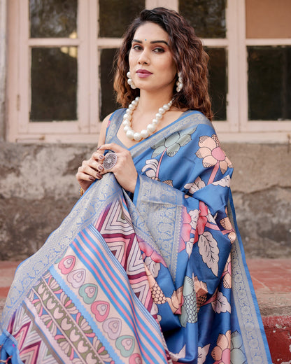 Blue Digital Kalamkari Printed Tussar Silk Saree With Zari Motif Border