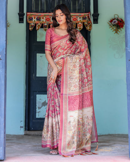 Kalamkari Digital Printed Linen Cotton Saree