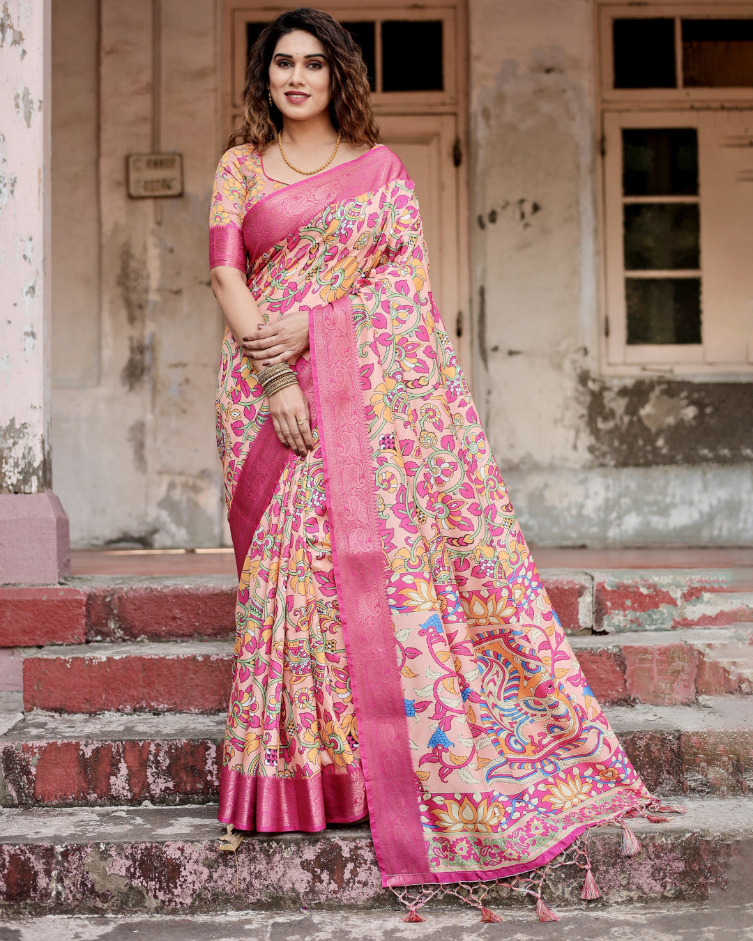 Multi Kalamkari Digital Printed Dola Silk Saree With Gold Zari Border