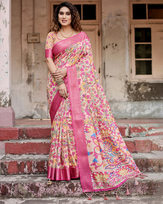 Multi Kalamkari Digital Printed Dola Silk Saree With Gold Zari Border