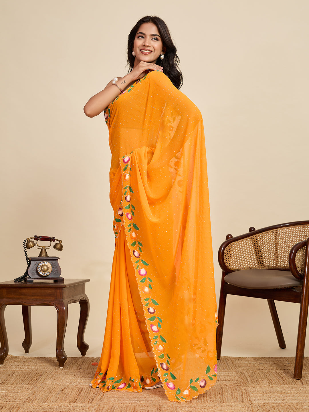 Yellow Color Georgette Saree With Brush Print And Siroski Work