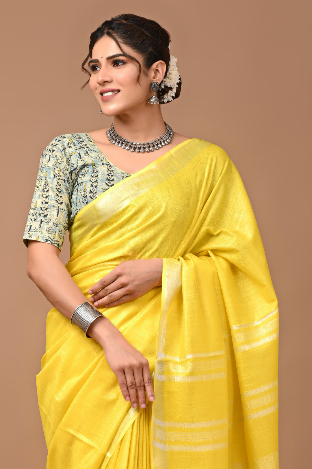 Yellow Colour Pure Plain Linen Cotton Saree With Ajrakh Blockprinted Cotton Blouse