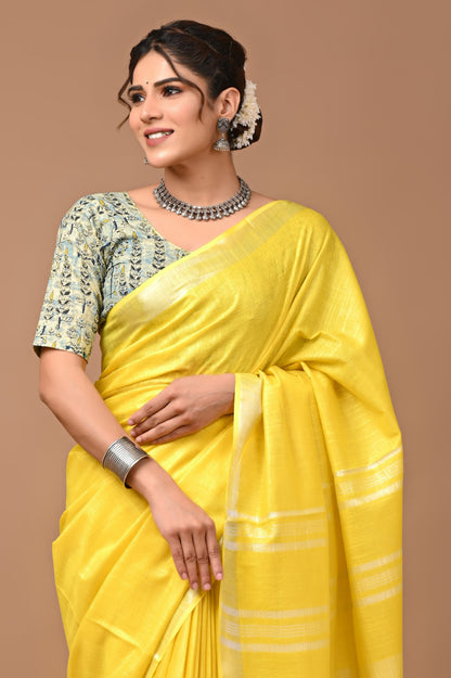 Yellow Colour Pure Plain Linen Cotton Saree With Ajrakh Blockprinted Cotton Blouse