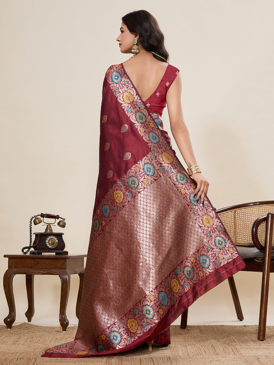 Traditional Maroon Color Jacquard Silk Saree With Zari Work