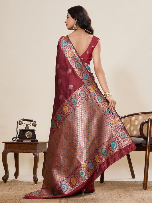 Traditional Maroon Color Jacquard Silk Saree With Zari Work