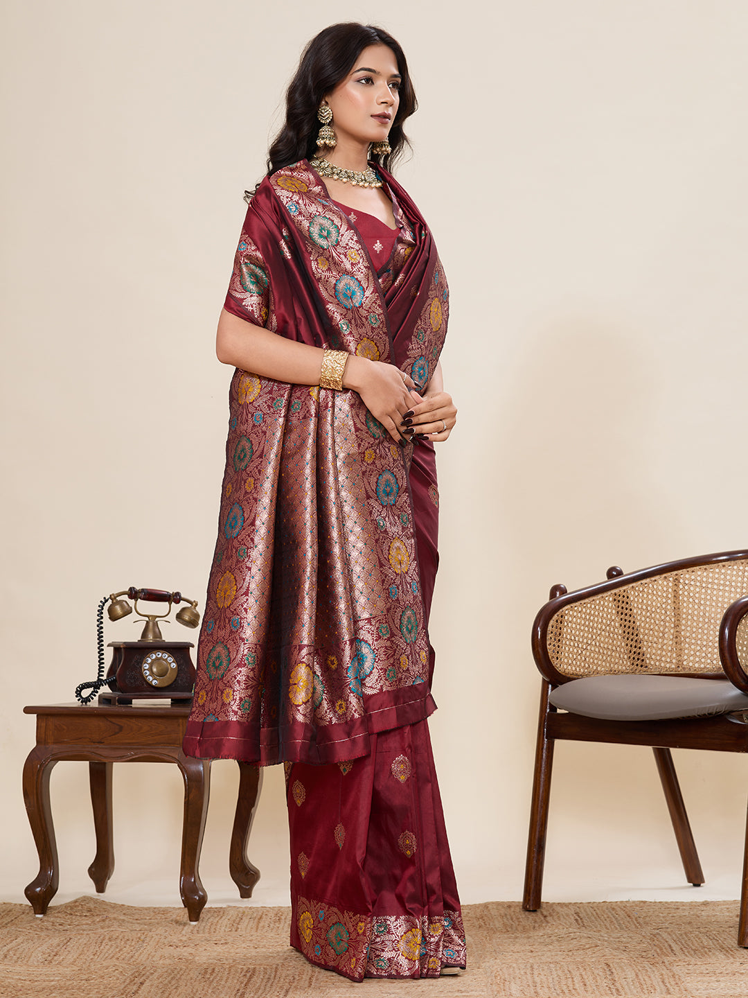 Traditional Maroon Color Jacquard Silk Saree With Zari Work
