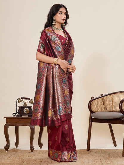 Traditional Maroon Color Jacquard Silk Saree With Zari Work