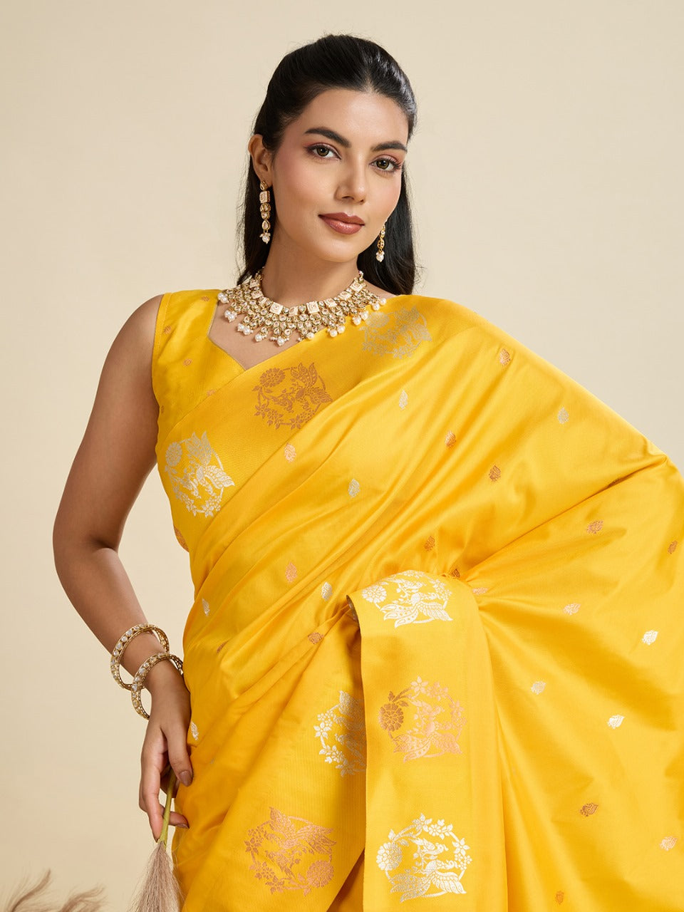 Yellow Kanjivaram Silk Saree With Zari Weaving Butta Border & Designer Rich Paithani Pallu
