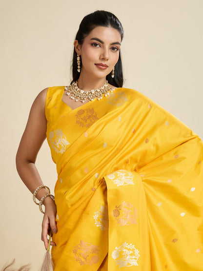 Yellow Kanjivaram Silk Saree With Zari Weaving Butta Border & Designer Rich Paithani Pallu