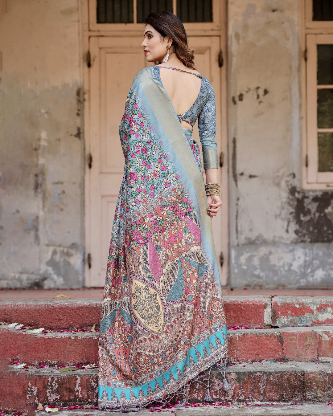 Multi Kalamkari Digital Printed Dola Silk Saree With Gold Zari Border