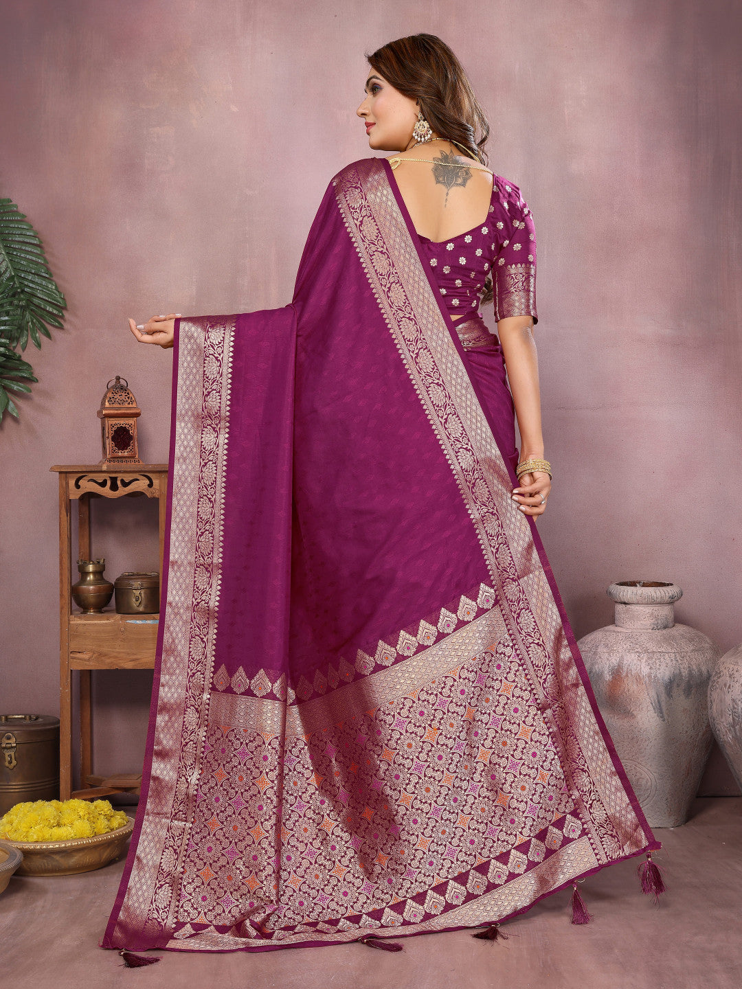 Magenta Premium Dola Silk Saree With Meenakari Weaving Work