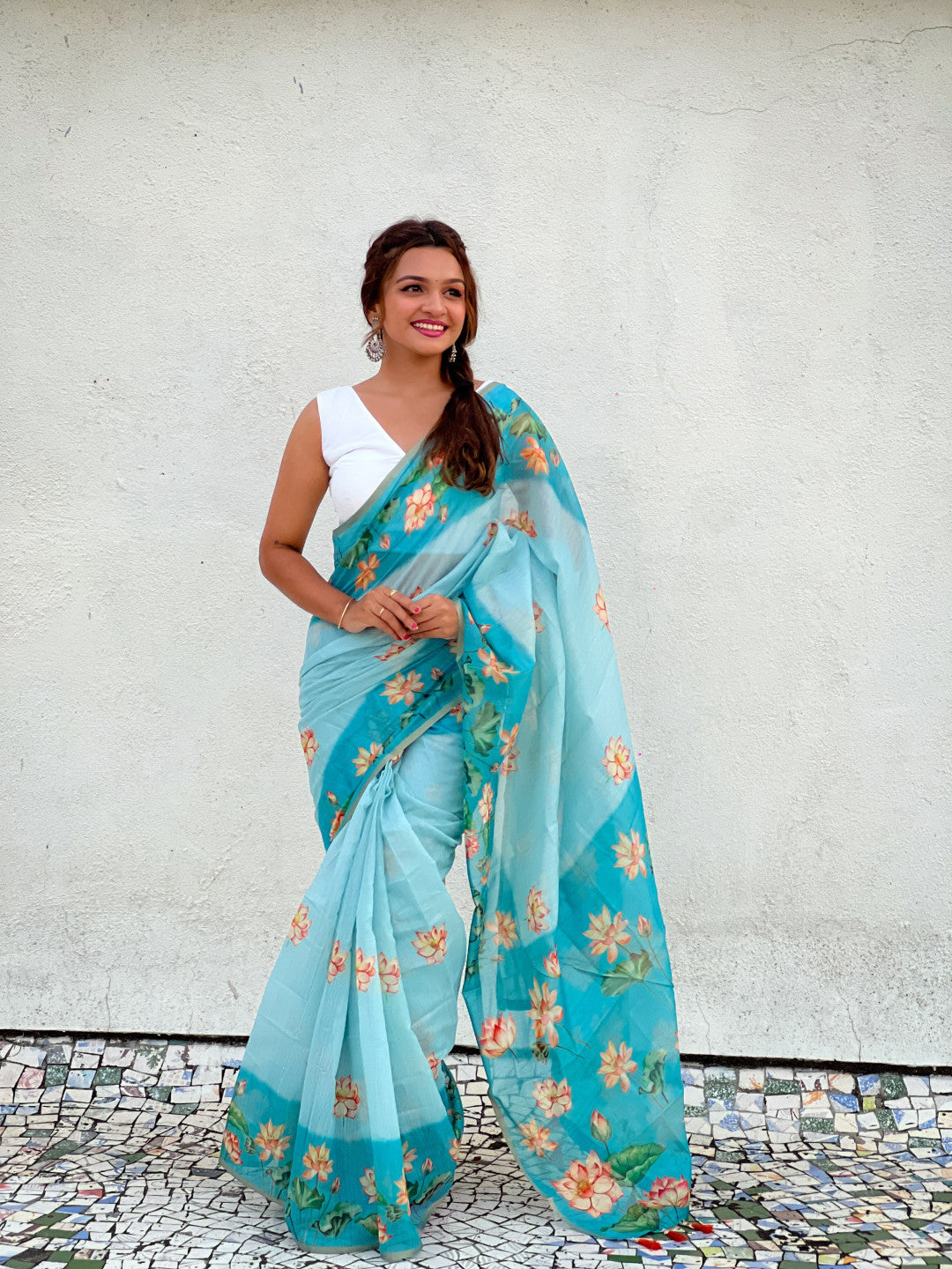 Sky Blue Pichwai Printed Chanderi Cotton Saree
