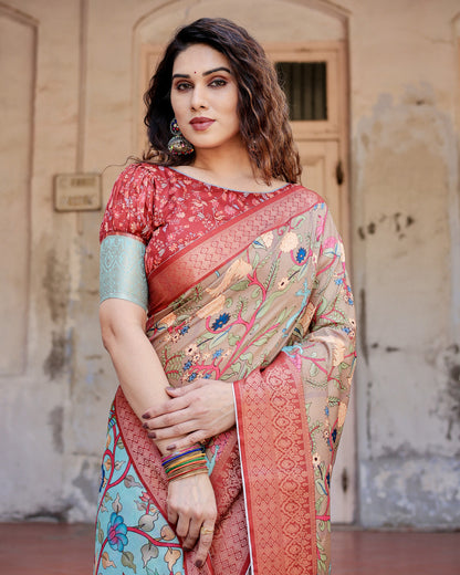 Beige Kalamkari Digital Printed Dola Silk Saree With Gold Zari Border