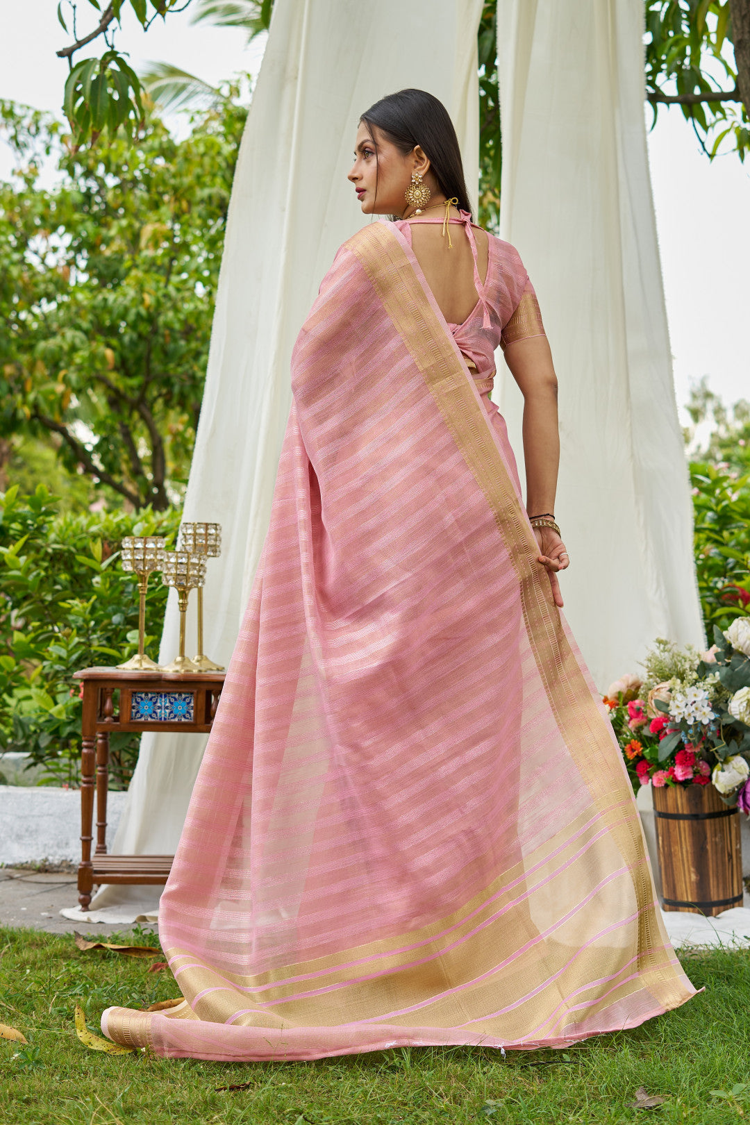 Baby Pink Colour Linen Cotton Saree With Zari Weaving Border