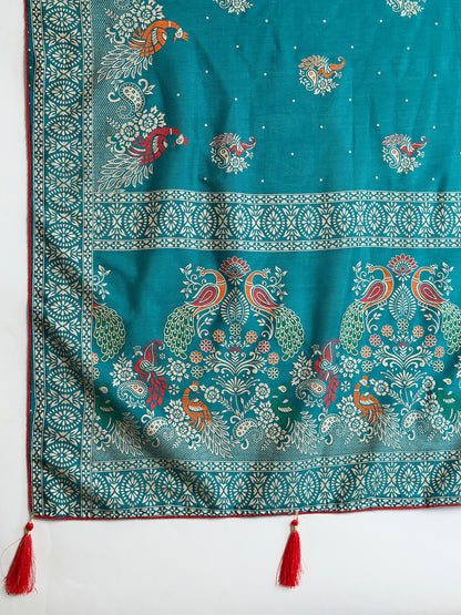 Rama Green Cotton Saree With Table Printed And Foil Work With Pipeing Border