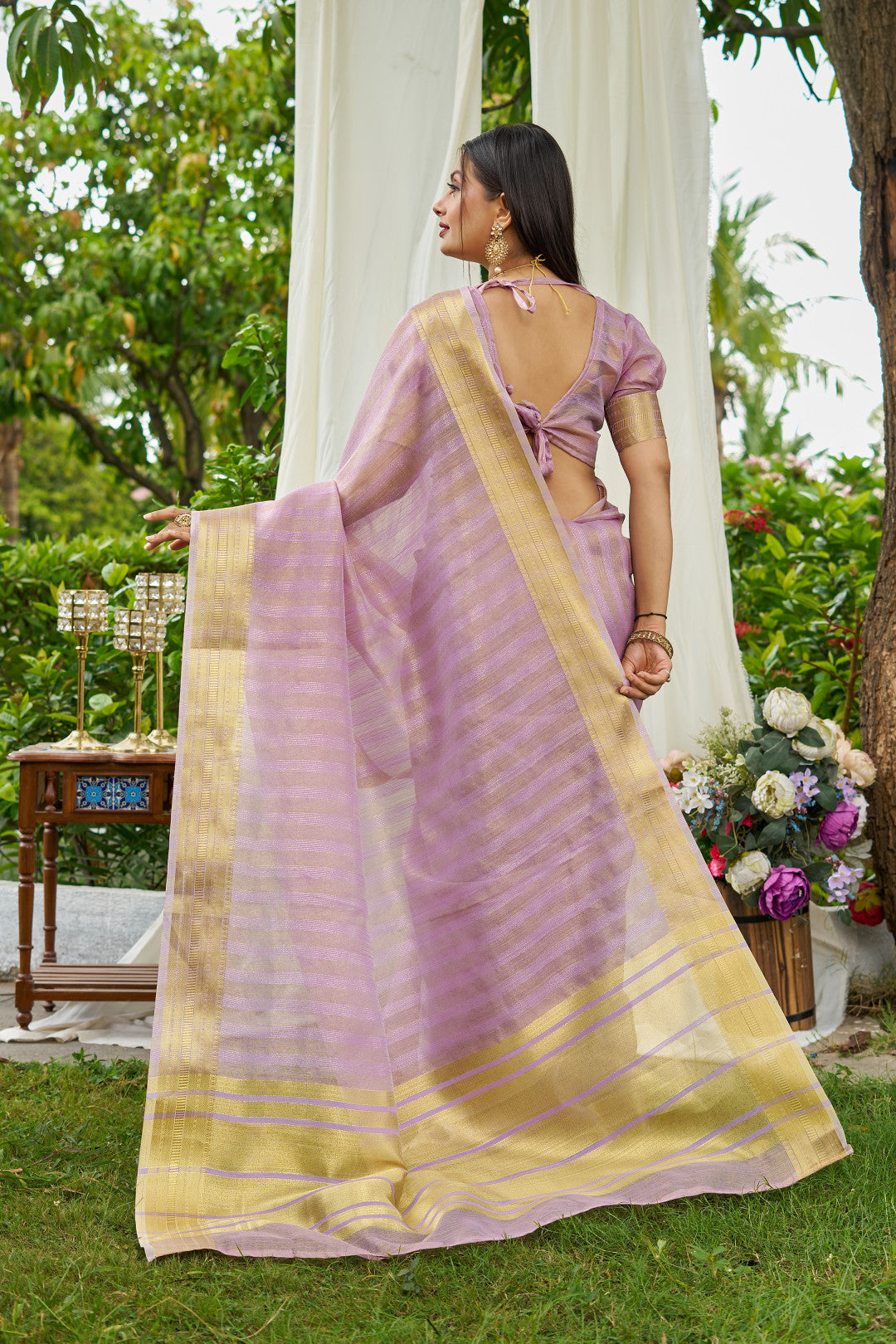 Lavender Colour Linen Cotton Saree With Zari Weaving Border