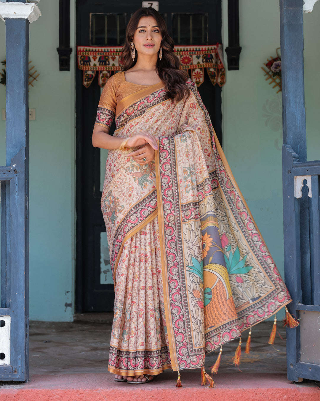 Kalamkari Digital Printed Linen Cotton Saree